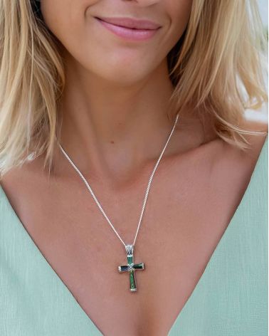925 Sterling Silver Abalone Mother-of-pearl Cross Shape Pendant