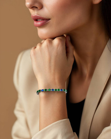 Bracciale in Argento 925 Rodiato con Smeraldi e Zaffiri - Modello Annie