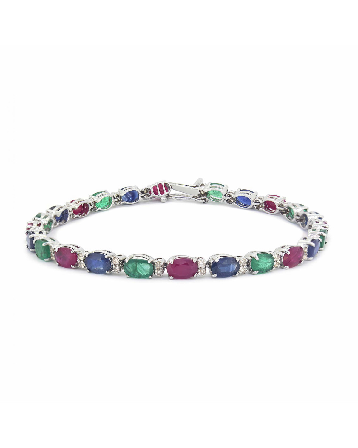 Bracelet Rubis Emeraude Saphir forme Ovale et Diamants sur Argent 925
