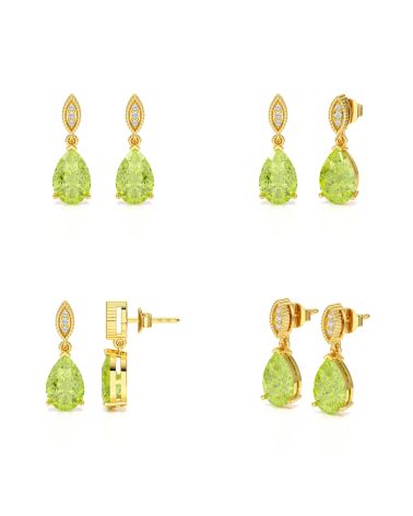 Vue sous plusieurs angles des Péridots Taille Poire et de l’Or Jaune – Finitions luxueuses