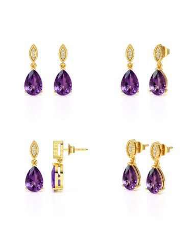 Vue détaillée des Boucles d’Oreilles Améthyste et Or Jaune – Finesse et éclat