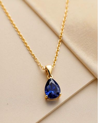 Colgante Pendente in Oro 14K Zaffiro Catena Oro inclusa