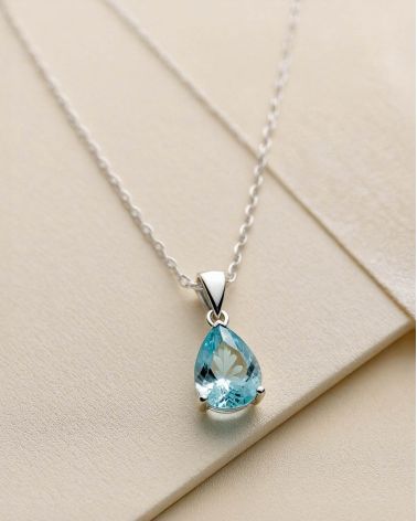 Collier Pendentif Or Blanc Aigue-Marine Chaine Or incluse 0.49grs