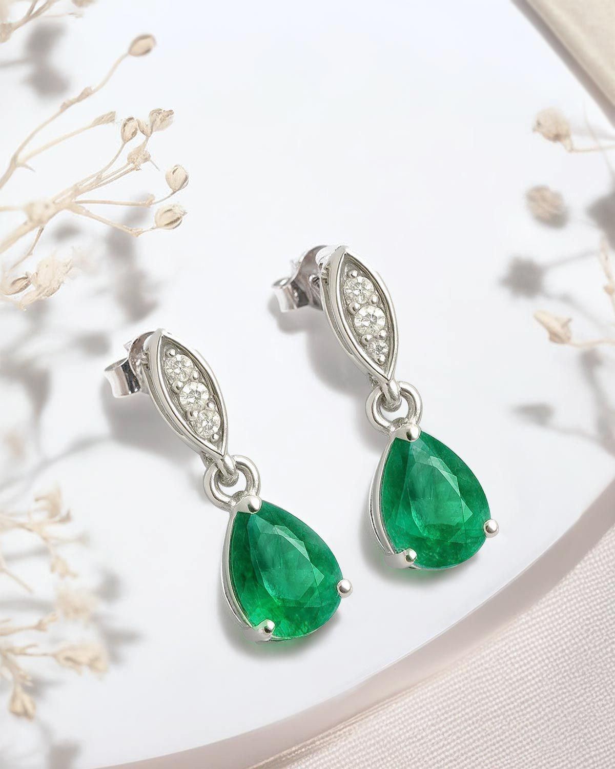 Boucles d'oreilles en argent avec émeraudes de Zambie et diamants - Bijou raffiné pour la fête des mères
