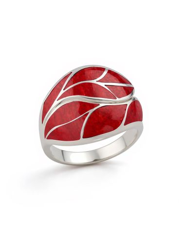 Coral and Sterling Silver Ring 925 - Elegant Leaf Motif