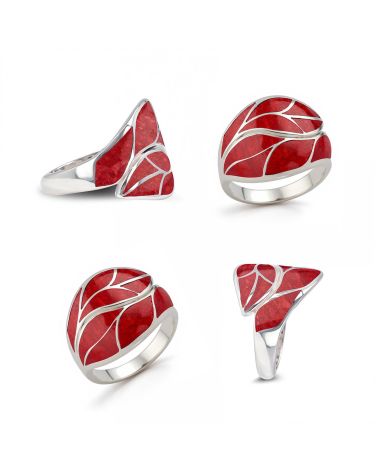 Anillo de Coral y Plata de Ley 925 ‰ - Motivo Hoja Elegante