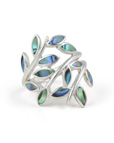 Anillo en nácar abulón forma pétalos engastado en plata 925 con reflejos iridiscentes multicolores